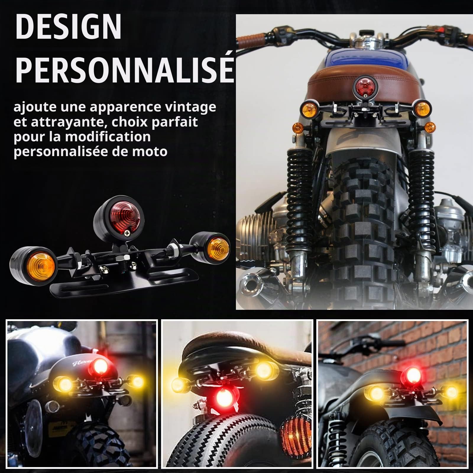 Feu arrière de moto, 12V 3 têtes en forme de balle intégré led feu stop clignotant lampe universelle de plaque d'immatriculation de moto, noir.