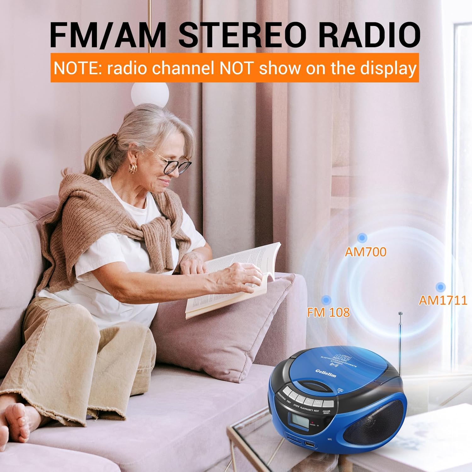 Gelielim Boombox in a living room setting, highlighting radio function