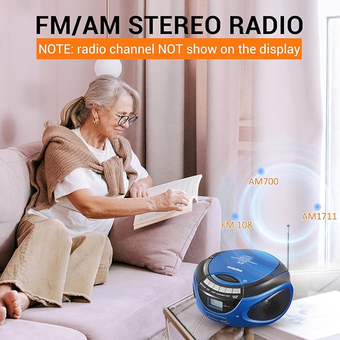 Reproductor CD portátil Boombox Bluetooth radio AM FM azul miniatura 5