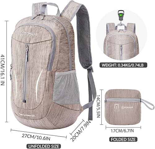 Miniatura 2 de ZOMAKE Mochila pequeña de senderismo, mochila ligera de viaje de 25 litros, mochila plegable para mujeres y hombres, gris (lightgrey), S, Mochilas
