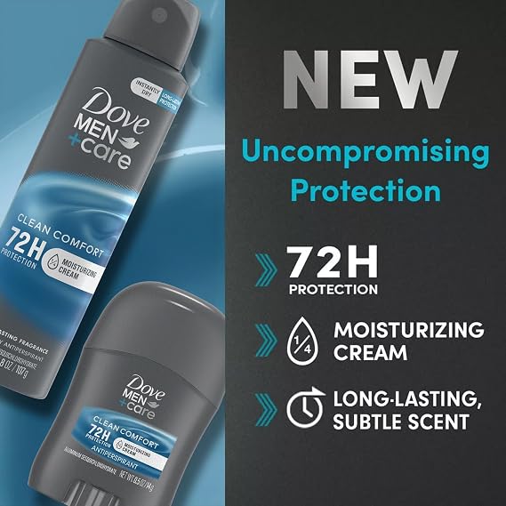 Dove Men + Care Clean Comfort Spray Deodorant & Antiperspirant 150ml / 3.8 Ounce,(4 Pack) + Travel Deodorant Stick (0.5 Oz) 72H Protection, Long-Lasting Clean Comfort Fragrance