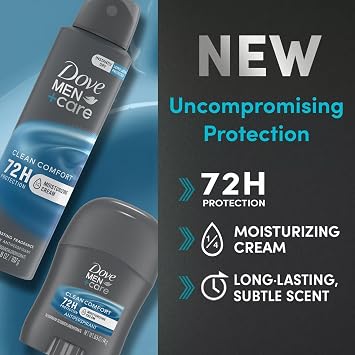 Dove Men + Care Clean Comfort Spray Deodorant & Antiperspirant 150ml / 3.8 Ounce,(4 Pack) + Travel Deodorant Stick (0.5 Oz) 72H Protection, Long-Lasting Clean Comfort Fragrance