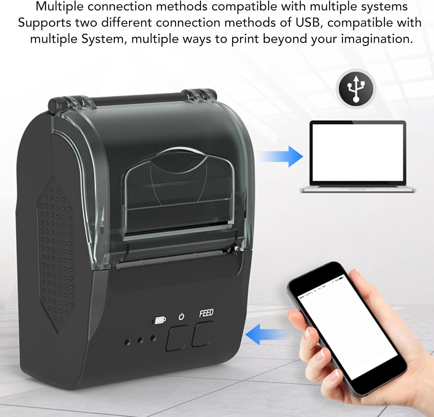 Bewinner printer connecting to laptop via USB and smartphone via Bluetooth