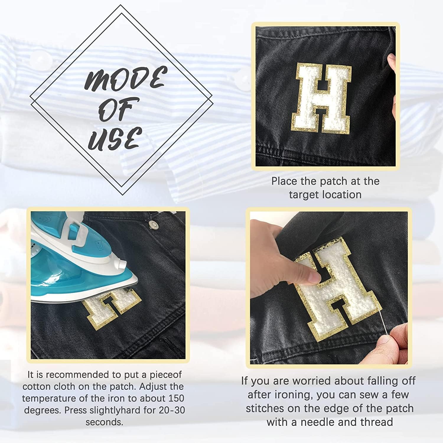 CareforYou 26 Pieces Chenille Letter Patches Iron on Patches,A-Z Alphabet Sew on Patches Embroidered Repair Alphabet Applique Sequin Heat Transfer for Clothes Shoes Shirts Jeans Bags Repair