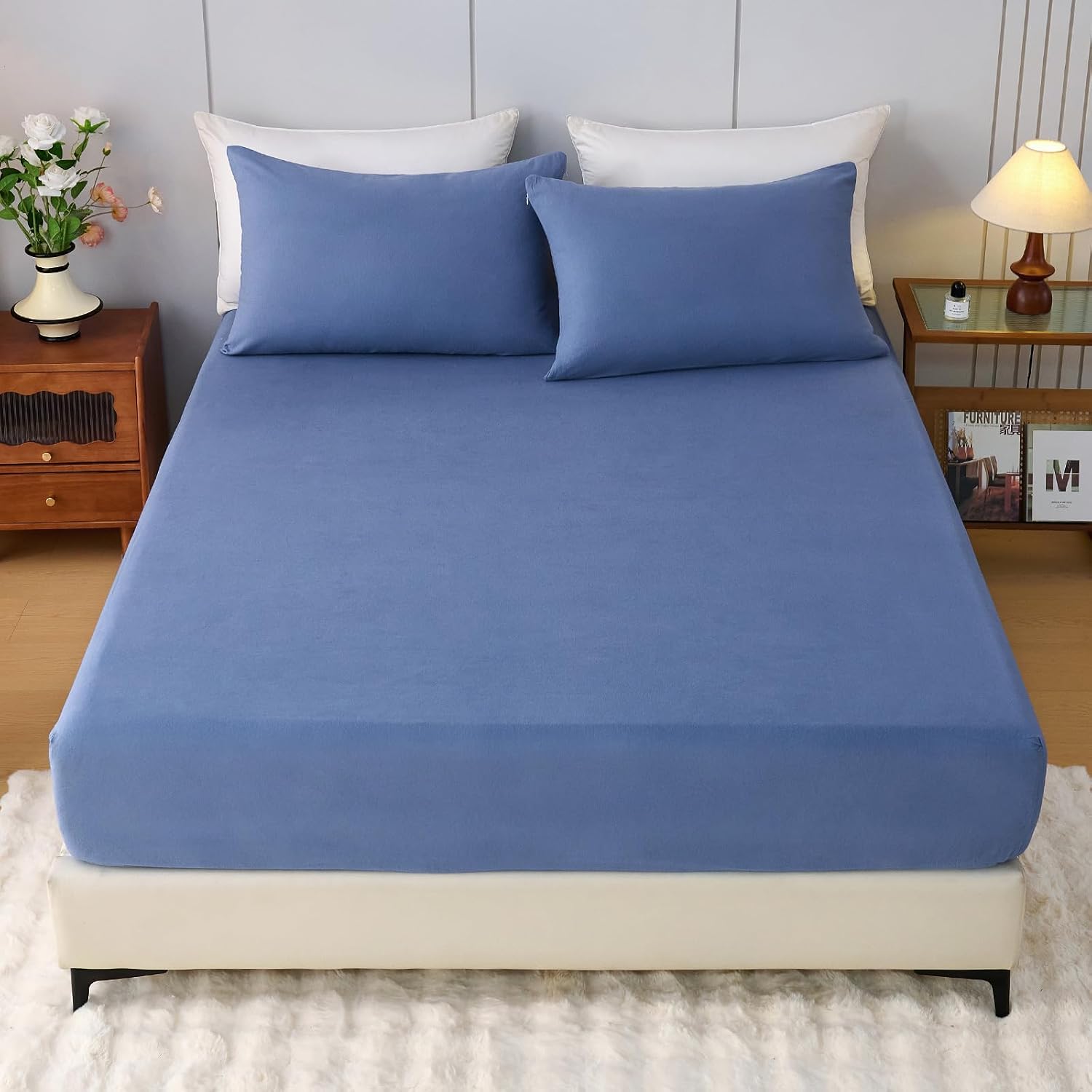 100% Cotton Flannel Fitted Sheet Only, Ultra Soft Cozy Warm Fitted Bottom Sheet for All Season, 16" Deep Pocket, Denim Blue, Queen