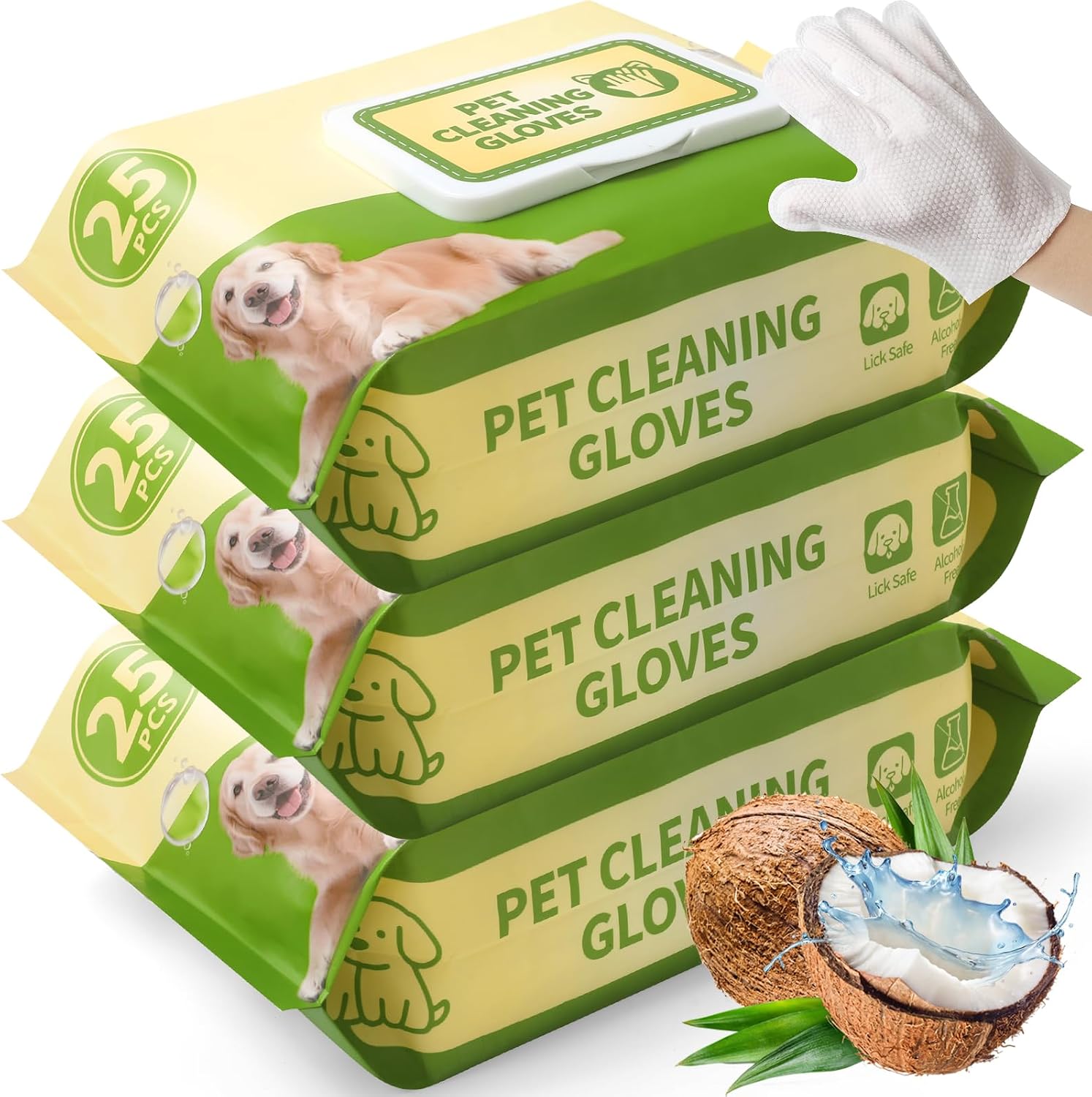 75 Pack Pet Glove Wipes for Dogs Cats, No-Rinse Wipes for Paws, Butt, Eyes, Ears & Face, Gentle Daily Grooming & Travel Size, Coconut Scent