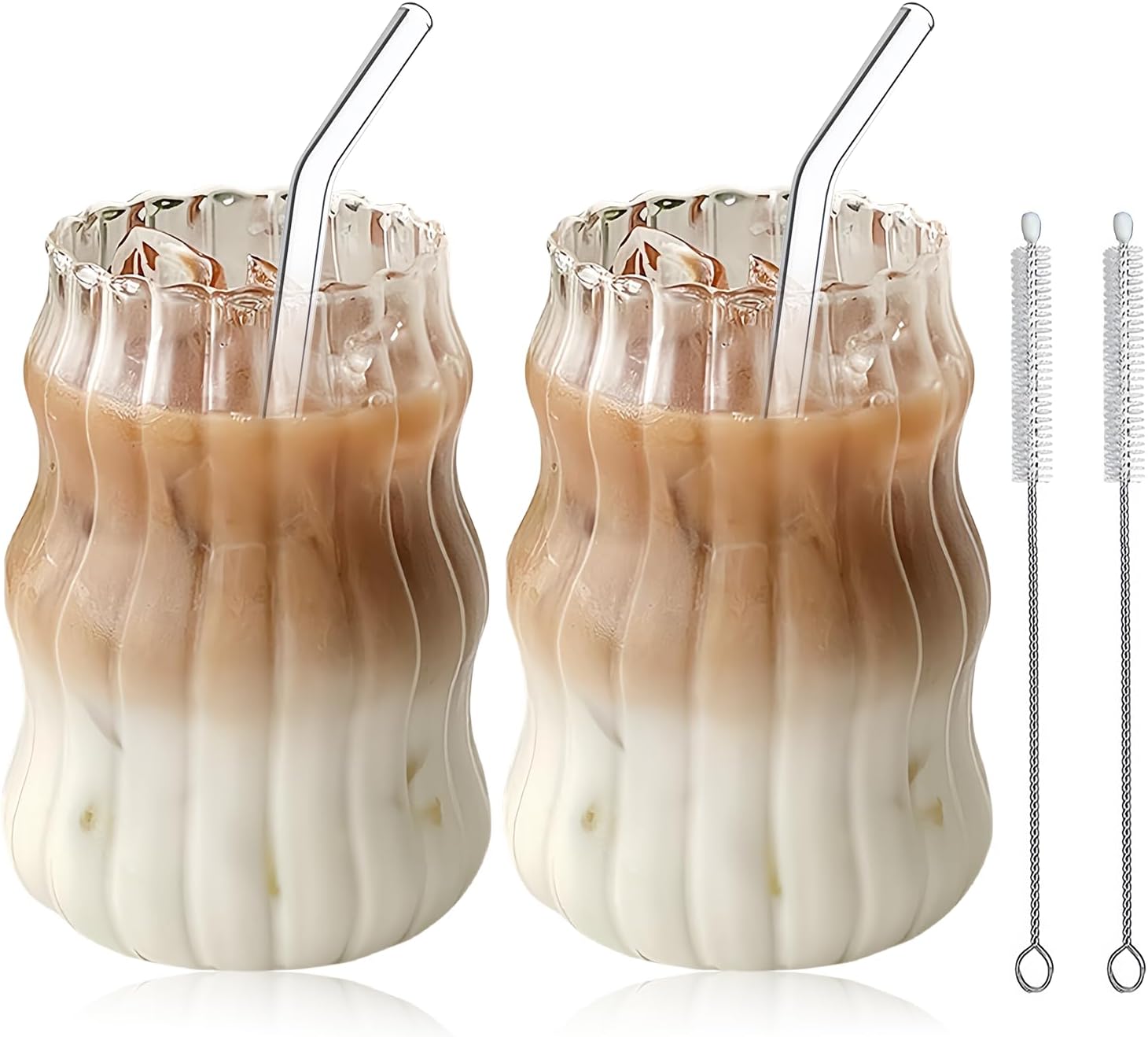 2pcs Corrugated Water Glasses, Coffee Cups Espresso Cups Drinking Glasses With 2 Straws, 2 Straw Brush, For Coffee Tea Cappuccino Milk Beer Espresso 530ml