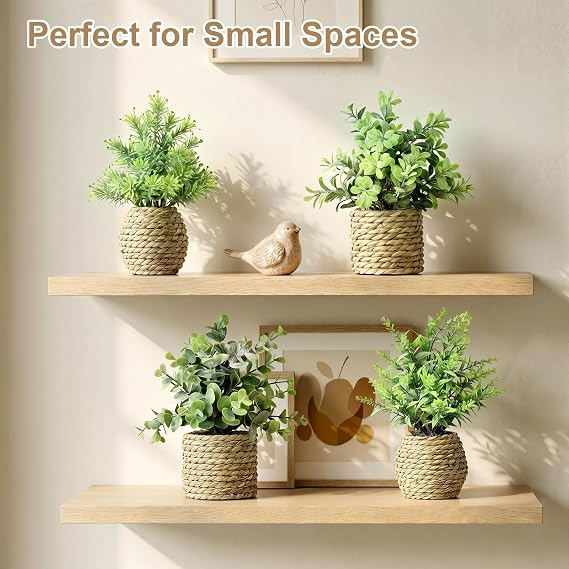 Small Fake Plants, 4 Pack Artificial Plants in Handwoven Seagrass Baskets