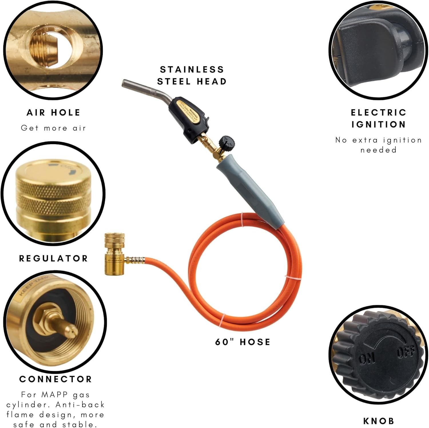 Double Valve Self-Ignition MAPP And Propane Torch With 60 inch Hose And Stainless Steel Head For Soldering