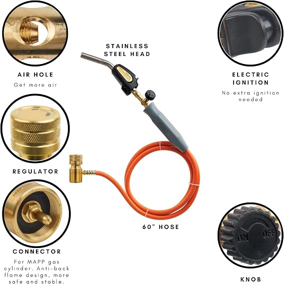Double Valve Self-Ignition MAPP And Propane Torch With 60 inch Hose And Stainless Steel Head For Soldering