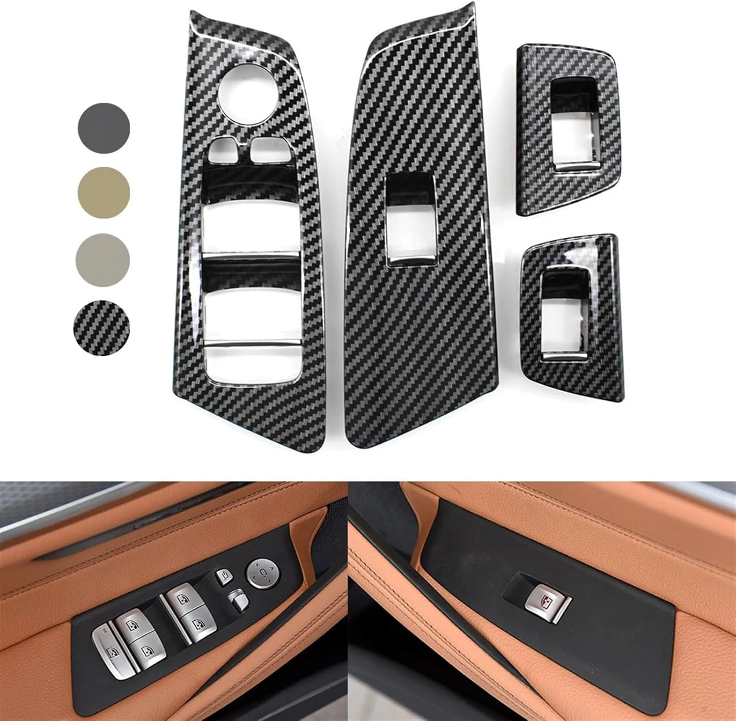 Interior Car Door Carbon Fiber Window Switch Panel Cover Trim Replacement for bmws 5 Series M5 G30 G31 F90 2017 2018 2019 2020 LHD(Beige 4pcs Set)