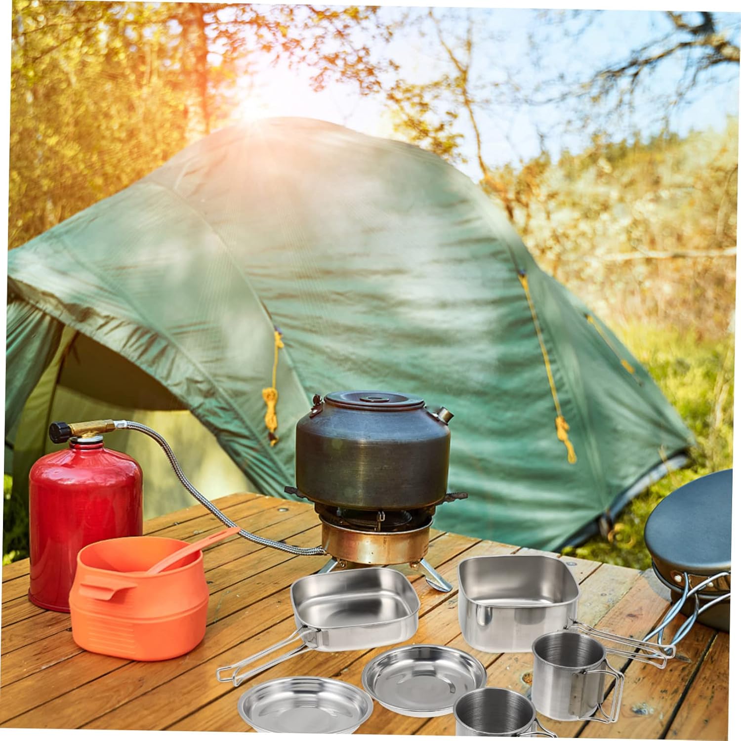 Abaodam 1Set Stainless Steel Camping Cookware Portable Picnic Cooking Utensils for Outdoor Activities Easy to Clean Handles for Hiking BBQ and More
