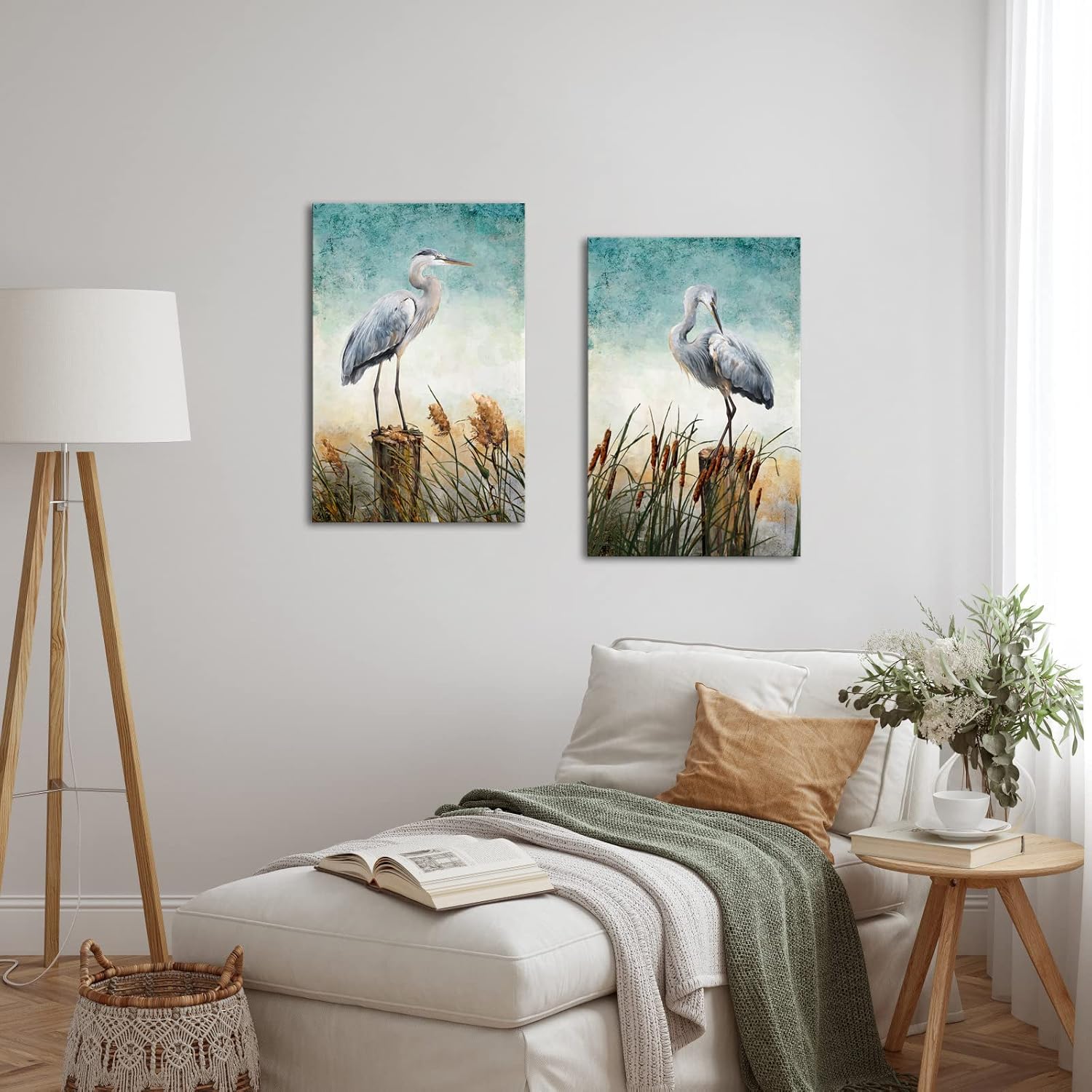 KLVOS Heron Canvas Wall Art Coastal Birds Picture Painting Modern Teal Lake Poster for Room Office Blue Farmhouse Artwork Decor Framed Ready to Hang 16x24inchx2Panel