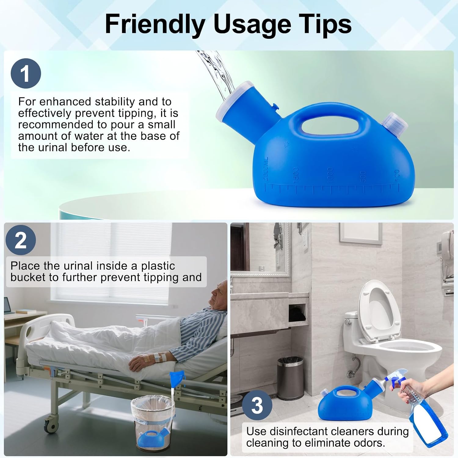 Urinals for Men Spill Proof, Portable Urinal with Soft Wide Opening & Silicone Seal, Male Urinal Bottle with 47" Hose for Seniors, Bedside, Wheelchair, 2000ML Unisex Design
