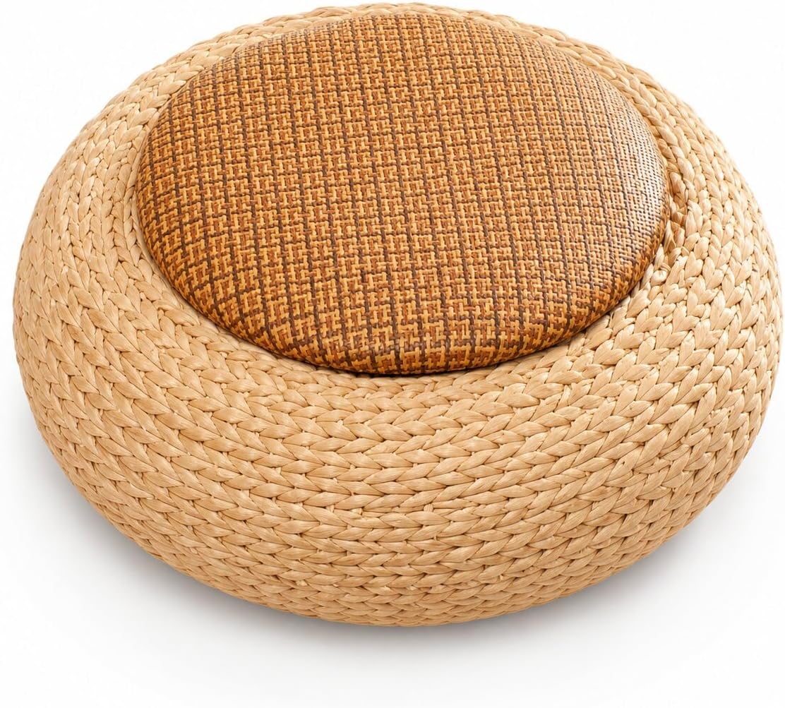 Japanese Zen Rattan Tatami Floor Cushion, 19.7"x6.7" Handwoven Meditation Pillow with Sturdy Steel Frame, Round Non Slip Floor Seat for Yoga Tea Room Balcony Bedroom (Natural Brown)