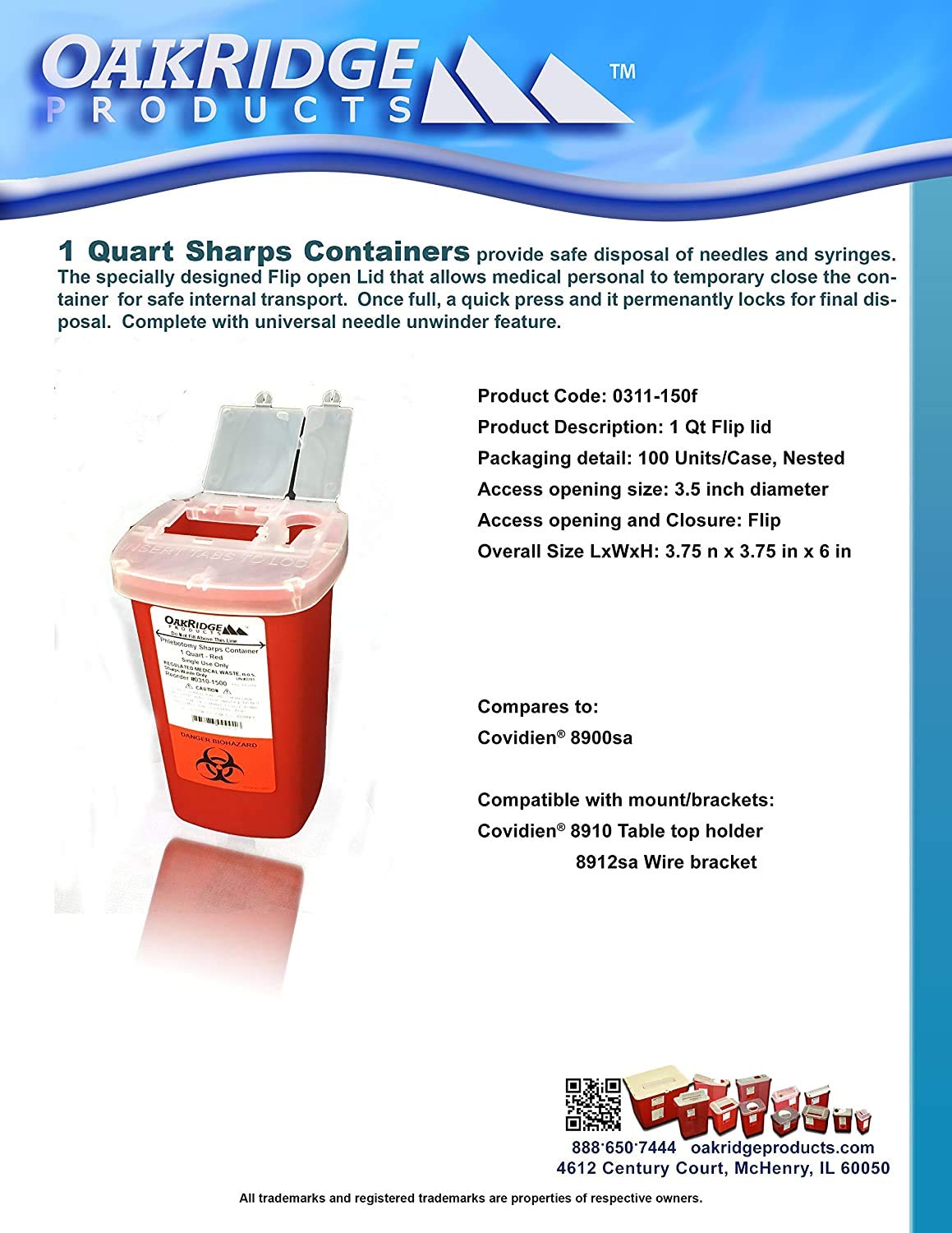 1 Quart Size (Pack of 3) | Oakridge Products Sharps Container with Flip Lid | for Diabetics : Health & Household
