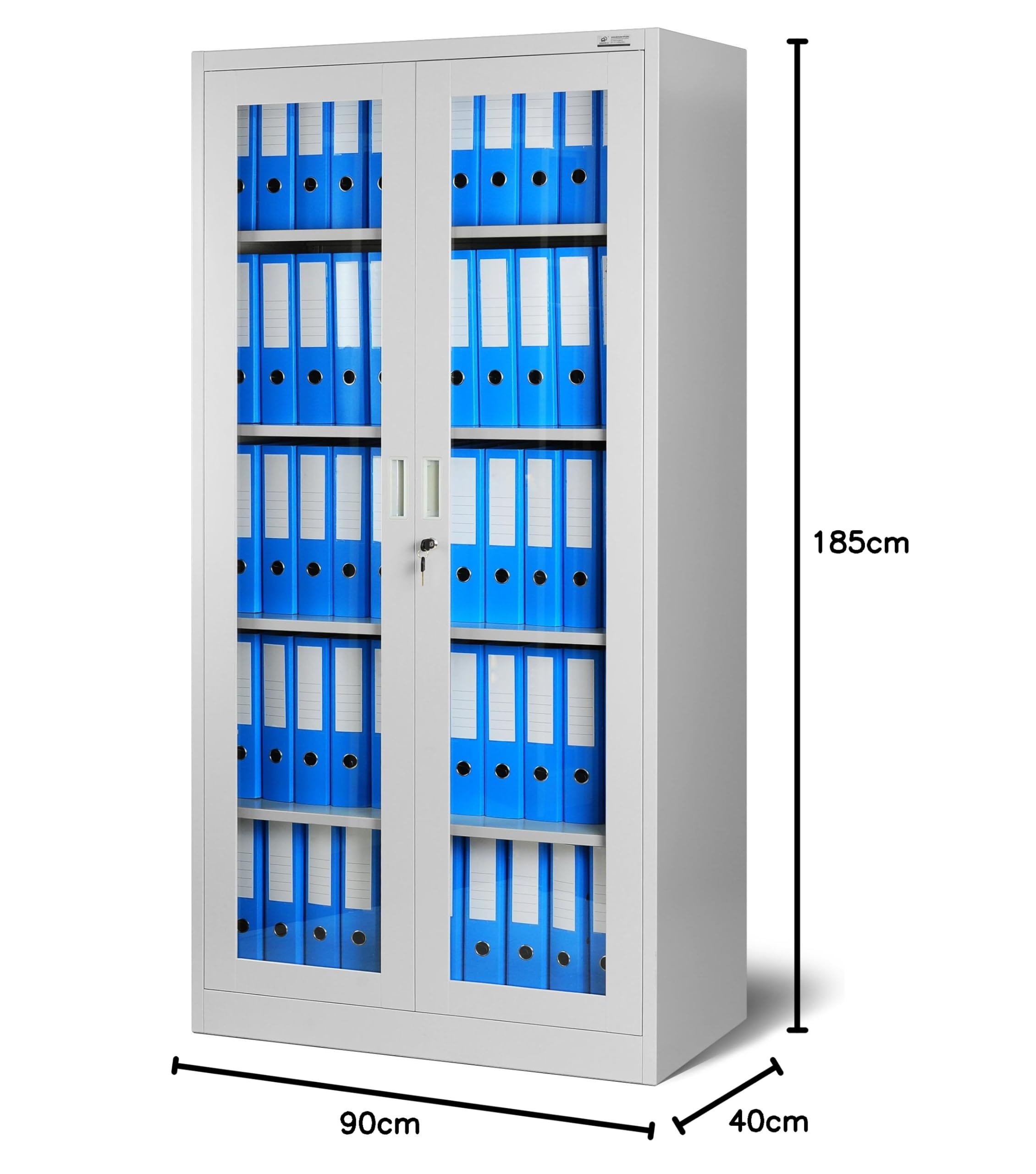 Jan Nowak Aktenschrank C012 Glasvitrine Büroschrank Universalschrank Flügeltürschrank Stahlblech Pulverbeschichtung abschließbar 185 cm x 90 cm x 40 cm (Grau)
