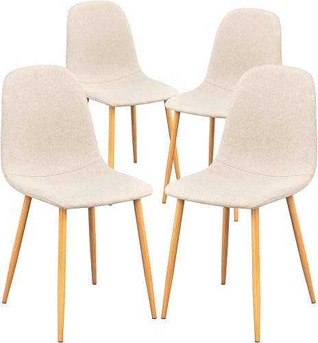 FurnitureR Juego de 4 sillas de comedor, asiento de comedor tapizado de tela sin brazos, silla lateral con respaldo medio con patas de metal para