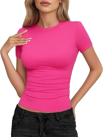 YOGINGO Womens Basic Short Sleeve Crew Neck T Shirts Slim Fit Fitted Tops Summer Streetwear Casual Crop Tops Plain Cute Baby Tees Sexy Tight Compression Shirts Trendy Y2K Going Out 2026 Trendy