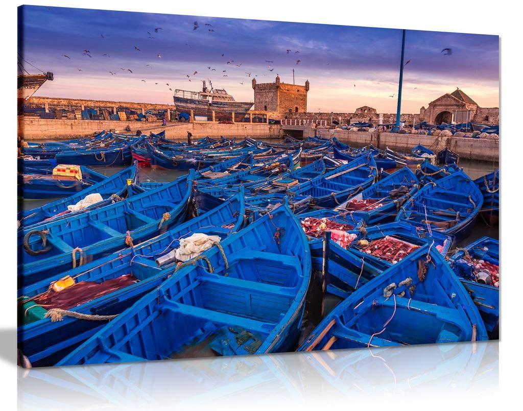 Panther Print White Essaouira Port Nautical Boats Canvas Wall Art Picture Print (30X20)
