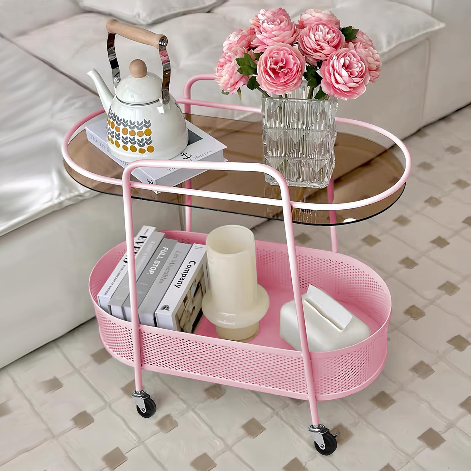 2-Tier Bar Carts with Storage Basket, Modern Rolling Storage Shelves with Wheels and Glass Holder, Metal Round Mobile Bar Serving Cart for Home, Bistro, Kitchen, Living Room, Dining Room (Pink)
