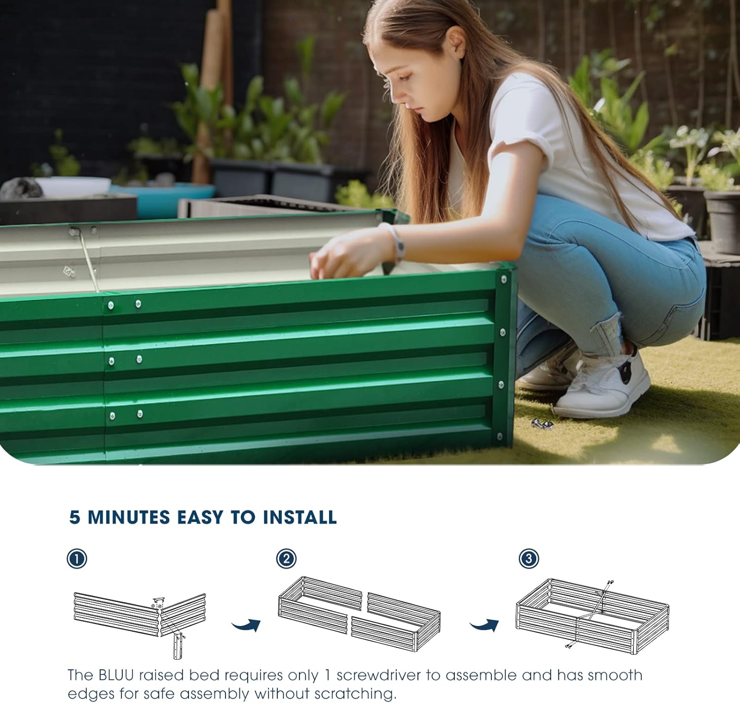 BLUU 8×4×1FT Galvanized Raised Garden Bed Metal Planter Box Outdoor for Vegetables, Flowers, Herbs with 10pcs T-Type Tags & a Pair of Gloves, Green