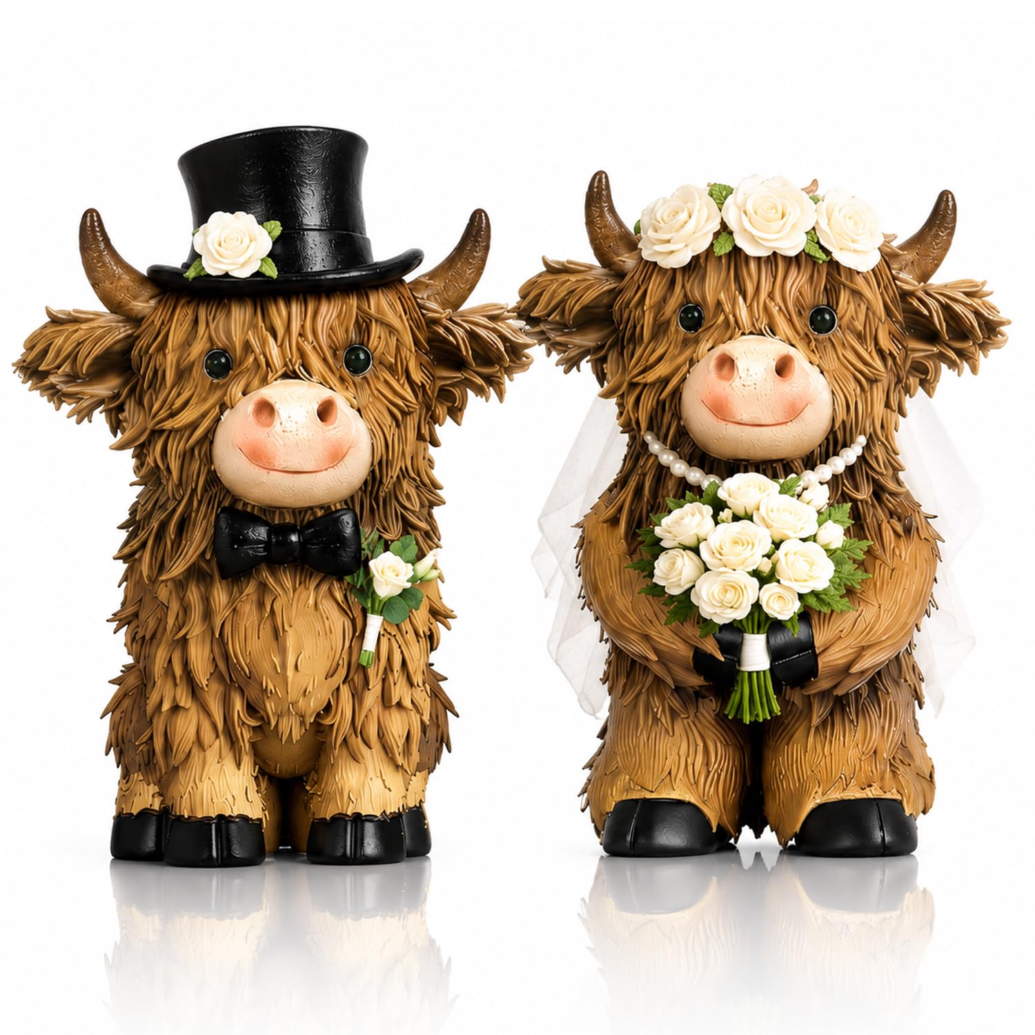 Highland Cow Ornaments, Bride and Groom Resin Wedding Figurines, 2PCS