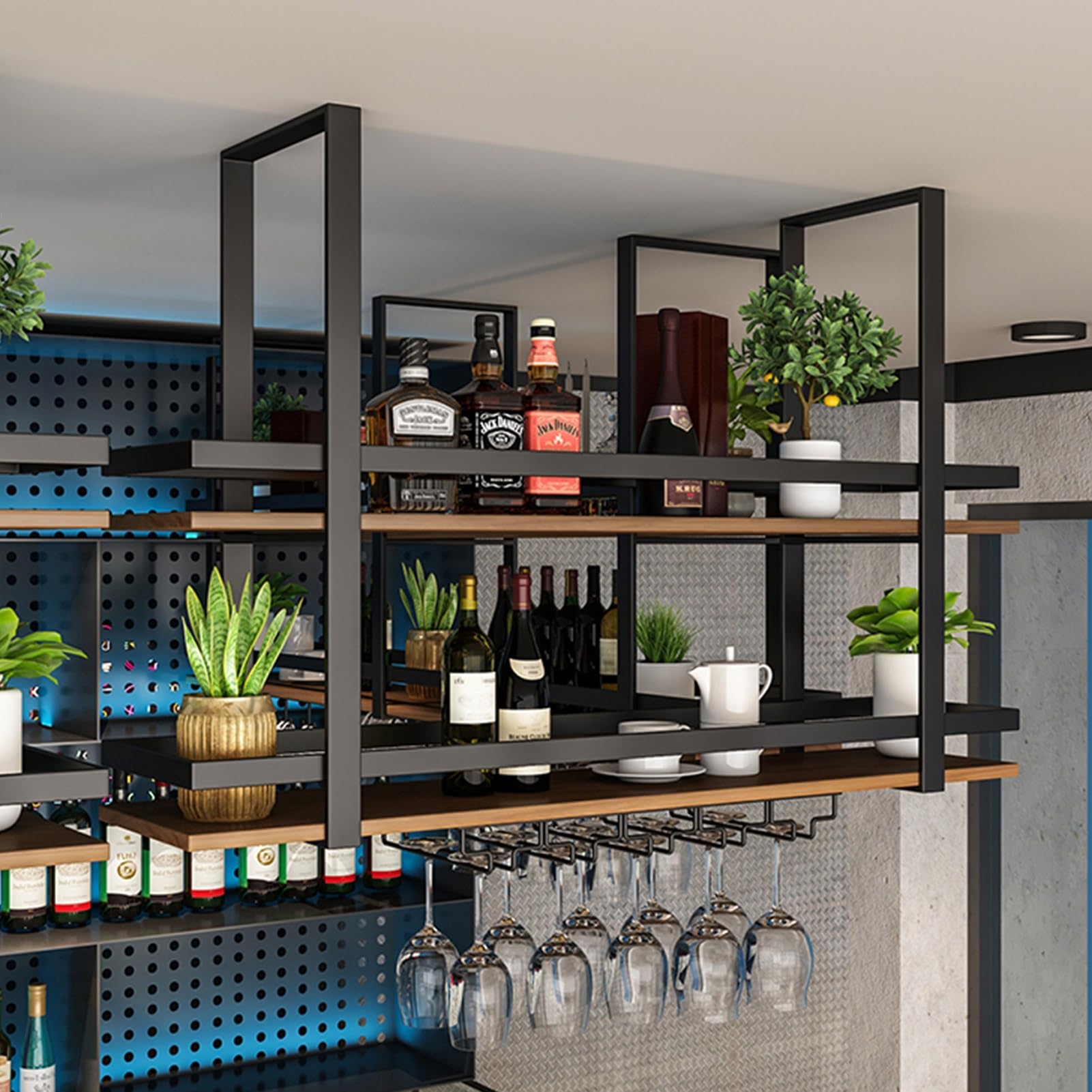 Étagère de rangement bar et casier à vin mural en métal noir suspension plafond 80cm