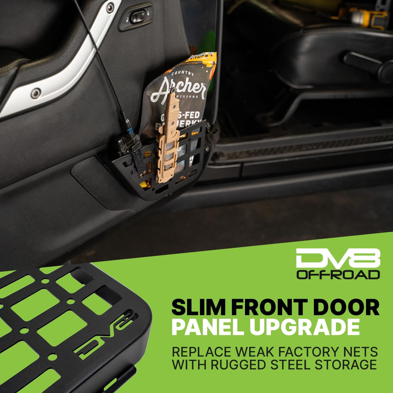 DV8 Offroad Slim Front Door Molle Pockets Compatible with 2011-2018 Jeep Wrangler JK, 2mm Steel Panel Construction, Replaces Saggy Factory Netting, Driver and Passenger Pair