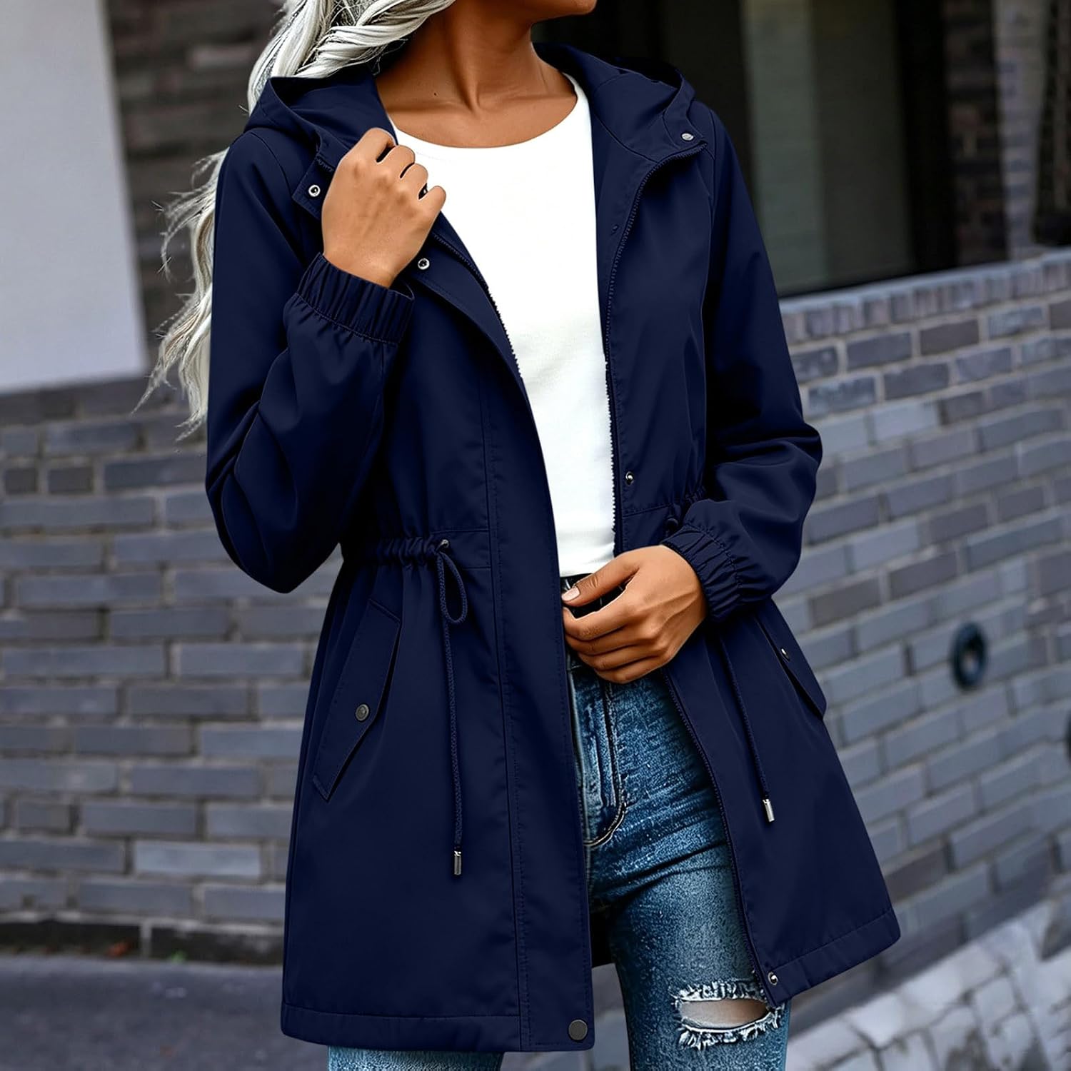 Hooded Rain Jacket for Women Mid Length Waterproof Quick Dry Raincoat | Plus Size Women Rain Jacket Womens Fall Jackets Lightweight Coat Hiking Packable Coats Climbing Outdoor Raincoat Trendy