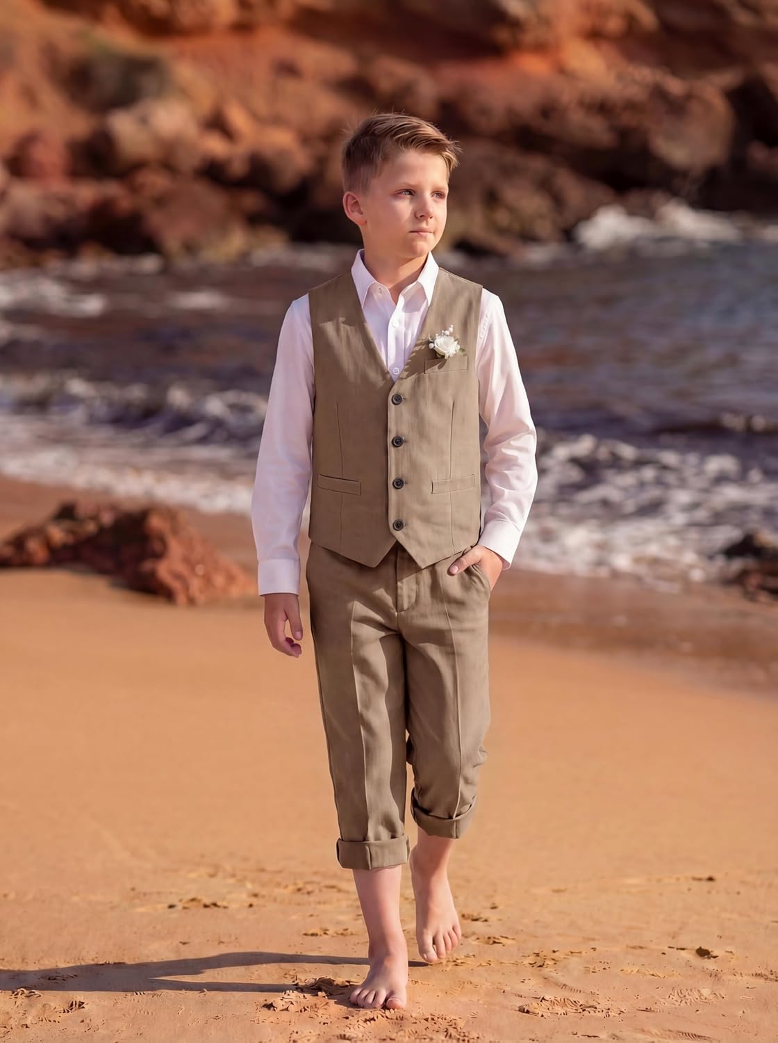 Boys Linen Suits 3 Pieces Blazer Vest Pant Lightweight Summer Classic Fit Solid Formal Beach Communion Easter Suit