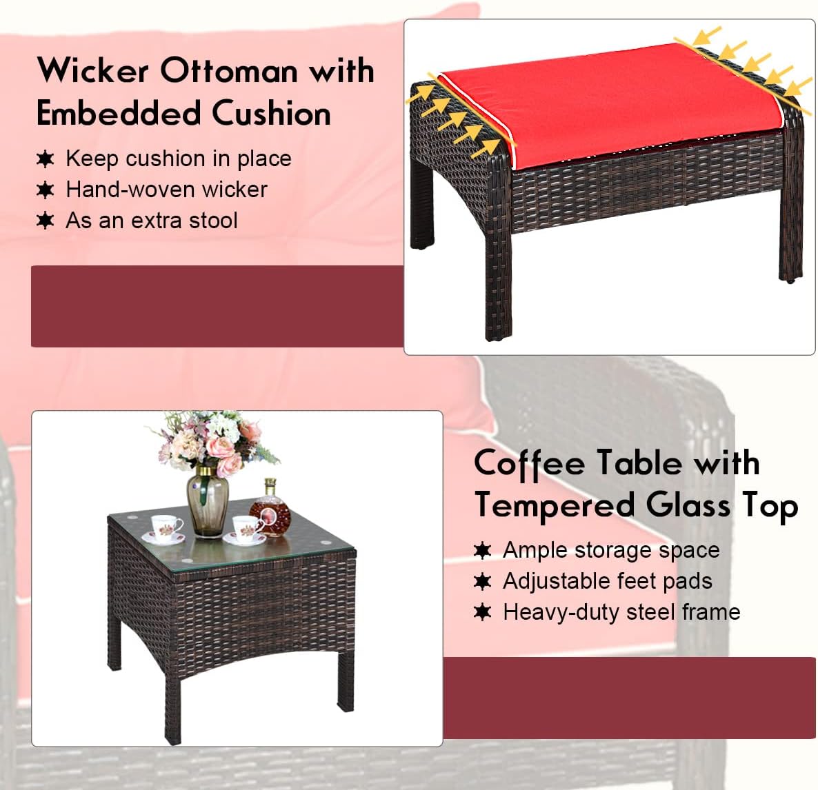 5 Pieces Wicker Patio Furniture Set, Outdoor Sectional Wicker Conversation Set with 2 Ottomans & Tempered Glass Top Coffee Table, Outdoor Lounge Chair Set for Balcony, Poolside(Red)