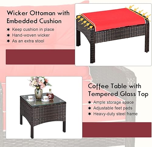 Miniatura 3 de Juego de muebles de mimbre para patio, juego de conversación de mimbre modular para exteriores con 2 otomanas y mesa de centro de vidrio templado,
