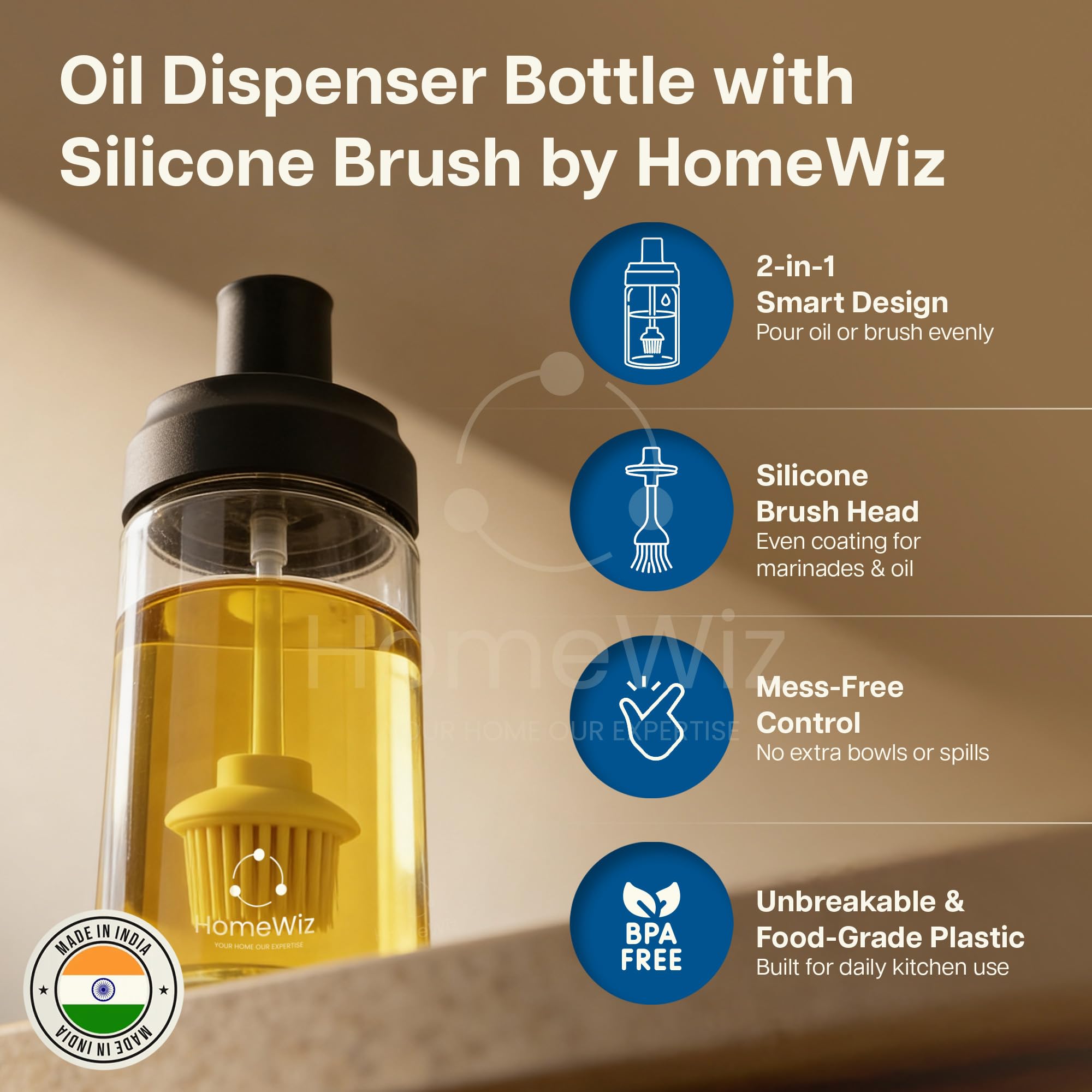 HomeWiz Oil Dispenser For Kitchen | Oil Bottle With Silicone Brush | 2-in-1 Food Grade Plastic Oil Bottle with Built-In Basting Brush for Baking, Grilling & Cooking, BPA-Free, Easy to Clean | 350ml 1