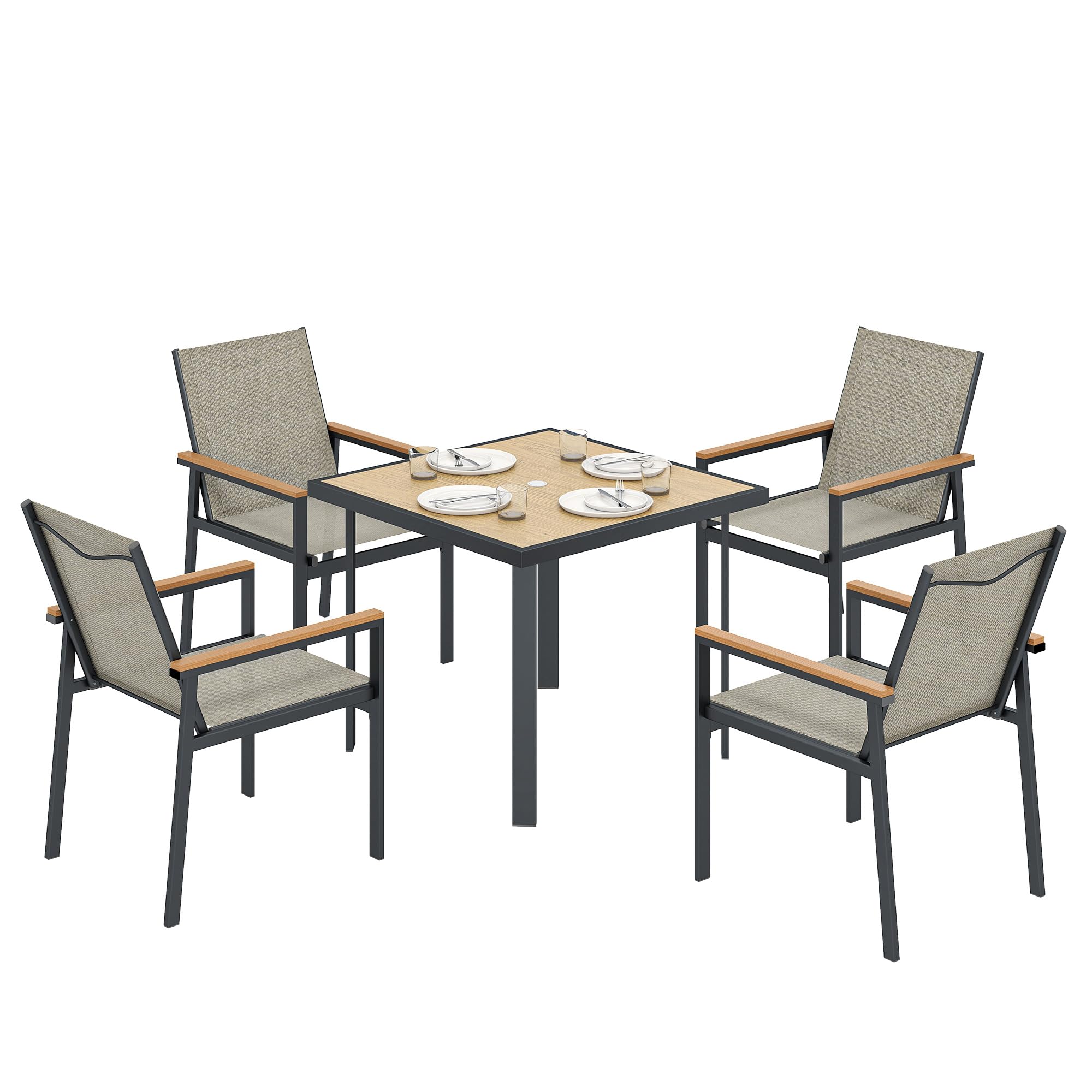 Outsunny 5 Piece Garden Dining Set, 4 Seater Metal Garden Furniture Set, Outdoor Table and Chairs with Wood-Effect Glass Top, Texteline Seats, Decorative Armrests for Patio, Balcony, Terrace, Khaki