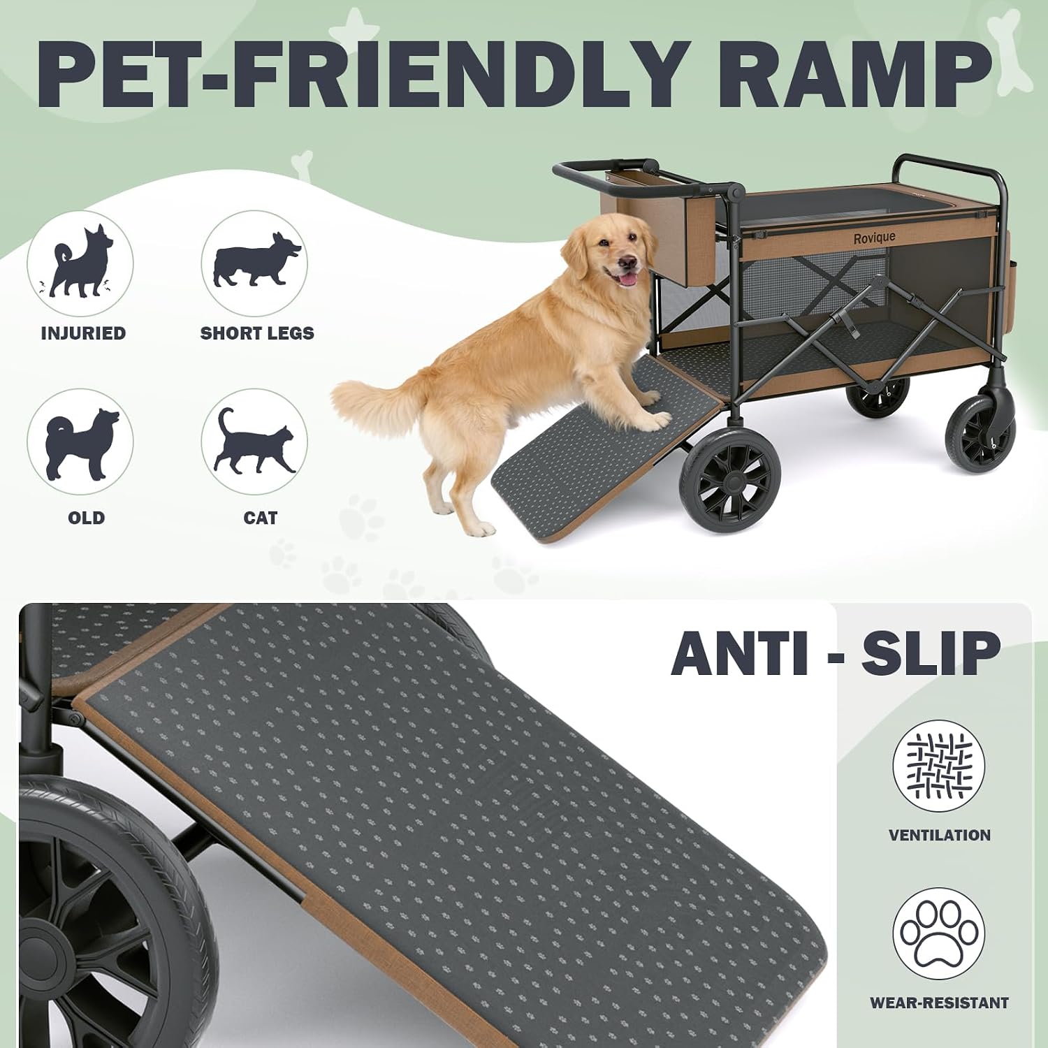 Rovique Dog Stroller for Large Dogs, Heavy Duty Pet Wagon with Ramp, 360° PU Wheels & Adjustable Canopy, Foldable Dog Wagon for Senior, Injured & Medium Large Dogs