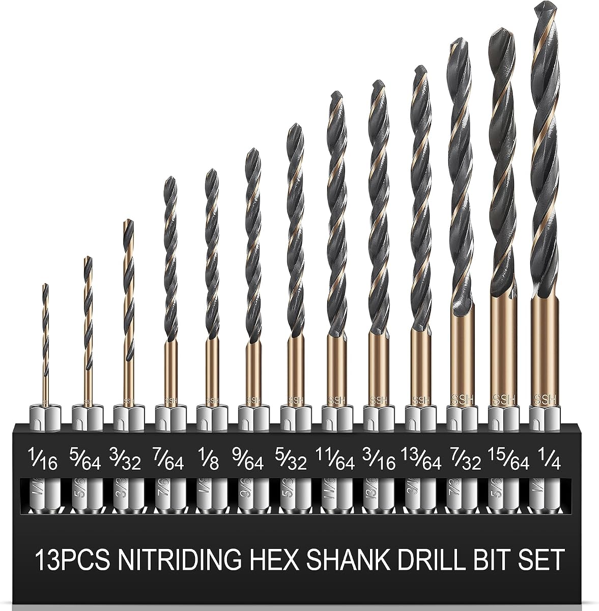 Hex Shank Drill Bit Set 13PCS, HSS Nitriding Coated, 1/16IN-1/4IN