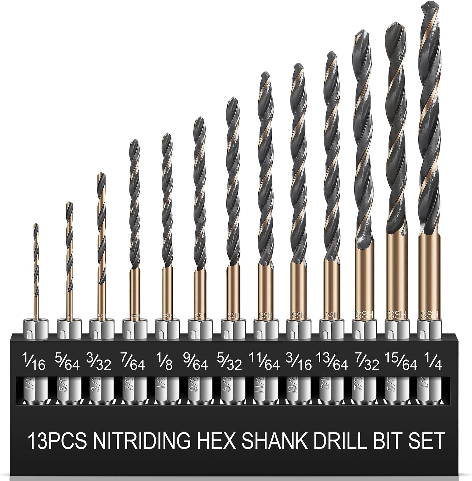 13pcs Hex Shank Drill Bit Set, Professional HSS Nitriding Twist Drill Bits, Upgrade Black and Gold Coated Drill Bit, Quick Change Design for Wood, Steel, Metal, and Plastic, 1/16IN to 1/4IN.