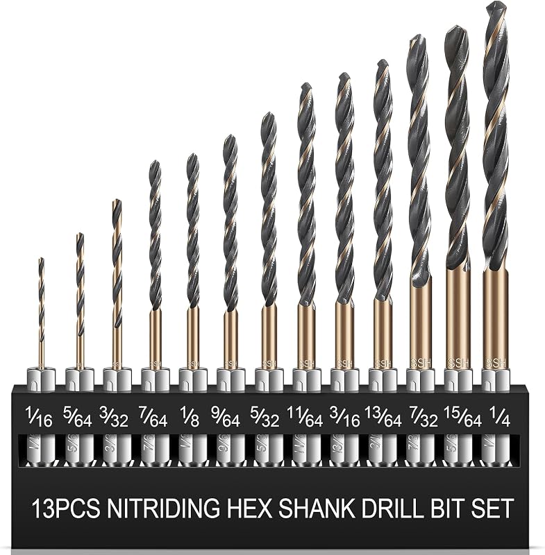 Hex Shank Drill Bit Set 13PCS, HSS Nitriding Coated, 1/16IN-1/4IN