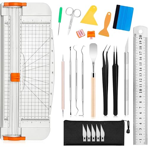 Famomatk 23PCS Weeding Tools for Vinyl, Craft Weeding Tools Set with 12Inch Paper Cutter and Trimmer for Scrapbooking,Silhouettes,Cameos,Lettering,Cutting,Craft Paper, Labels and Cardstock(White)