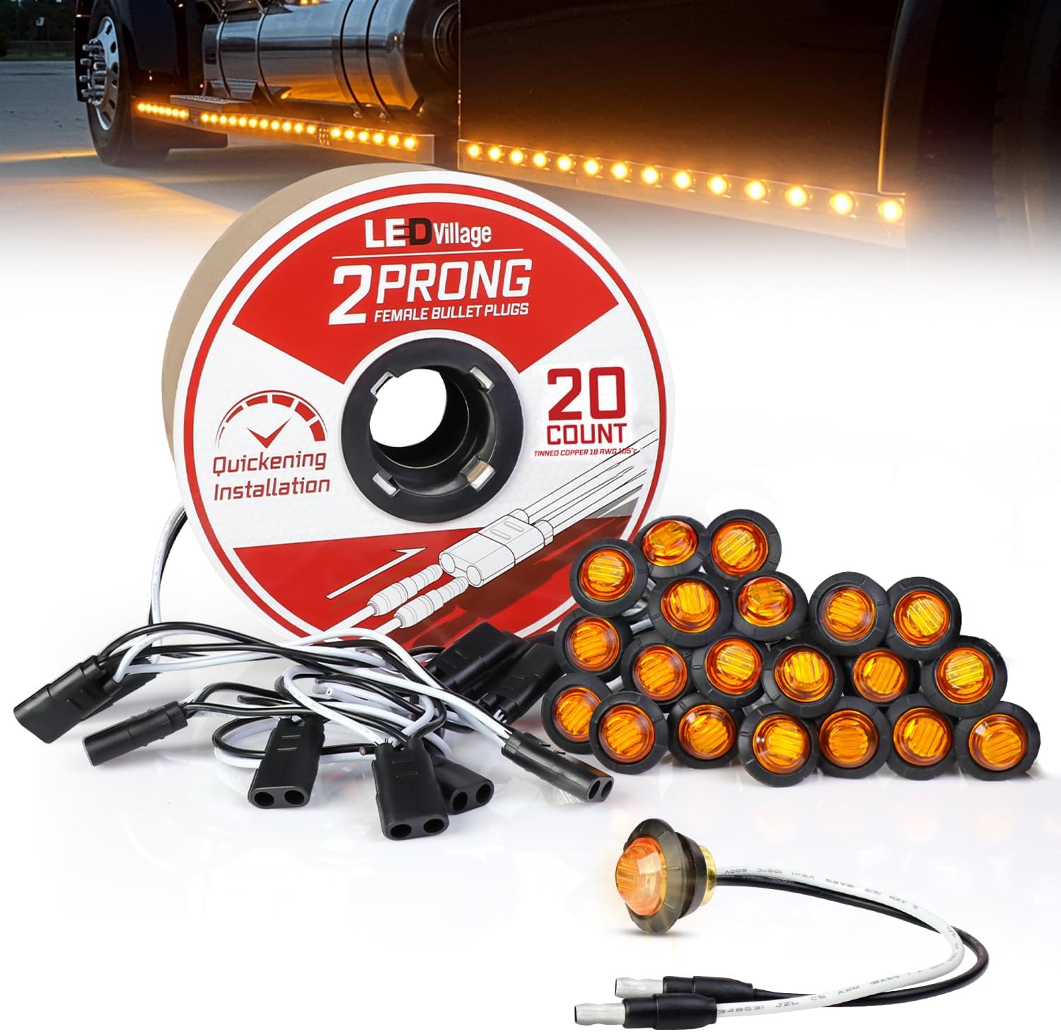 3/4" Amber LED Marker Light DC Plug (20 Pcs) + 2 Prong Harness Roll Double Female Plugs 20 Counts Indicator Light, Clearance Light for Truck Trailer RV Pickup