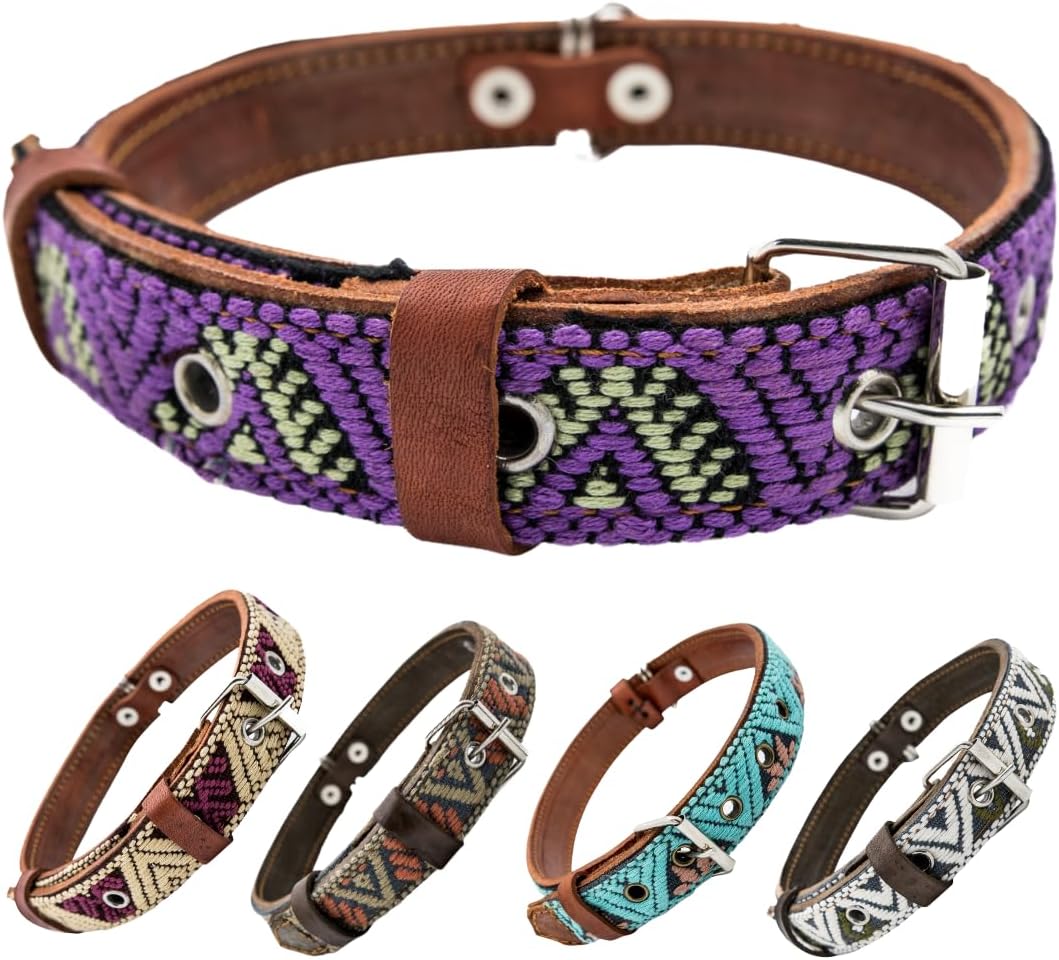 Western Dog Collar – Leather Embroidered Design for Small Medium Large Dogs & Puppy Pets - Aztec & Southwest for Boy and Girl Female & Male Dogs - Collar para Perros Beaded (Small, Amethyst)