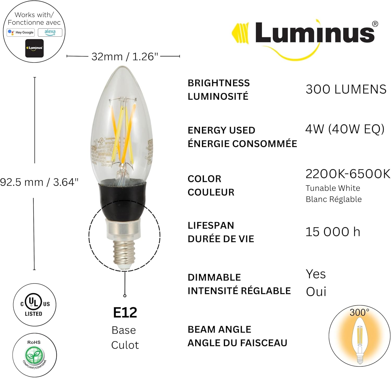 Luminus Smart B11 LED Bulb dimensions and technical specifications.