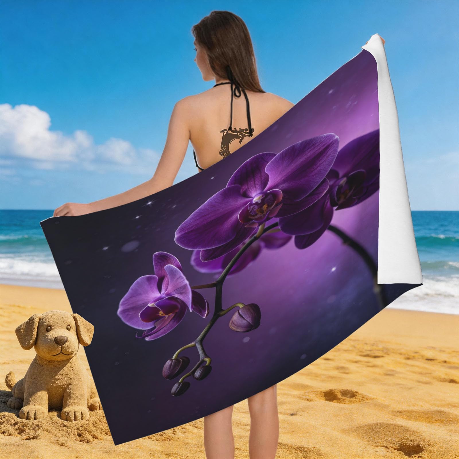 Leichong 3D Orchid Beach Towel Microfiber Soft Quick Dry for Adults, Dreamy Style Bath Towel Lightweight Soft Absorbent for Travel Swimming Pool Sports, 75 x 150 cm
