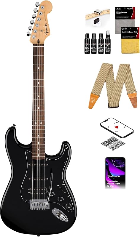Stratocaster HSS estándar - Paquete negro con correa, kit de limpieza de guitarra y video instructivo de Austin Bazaar