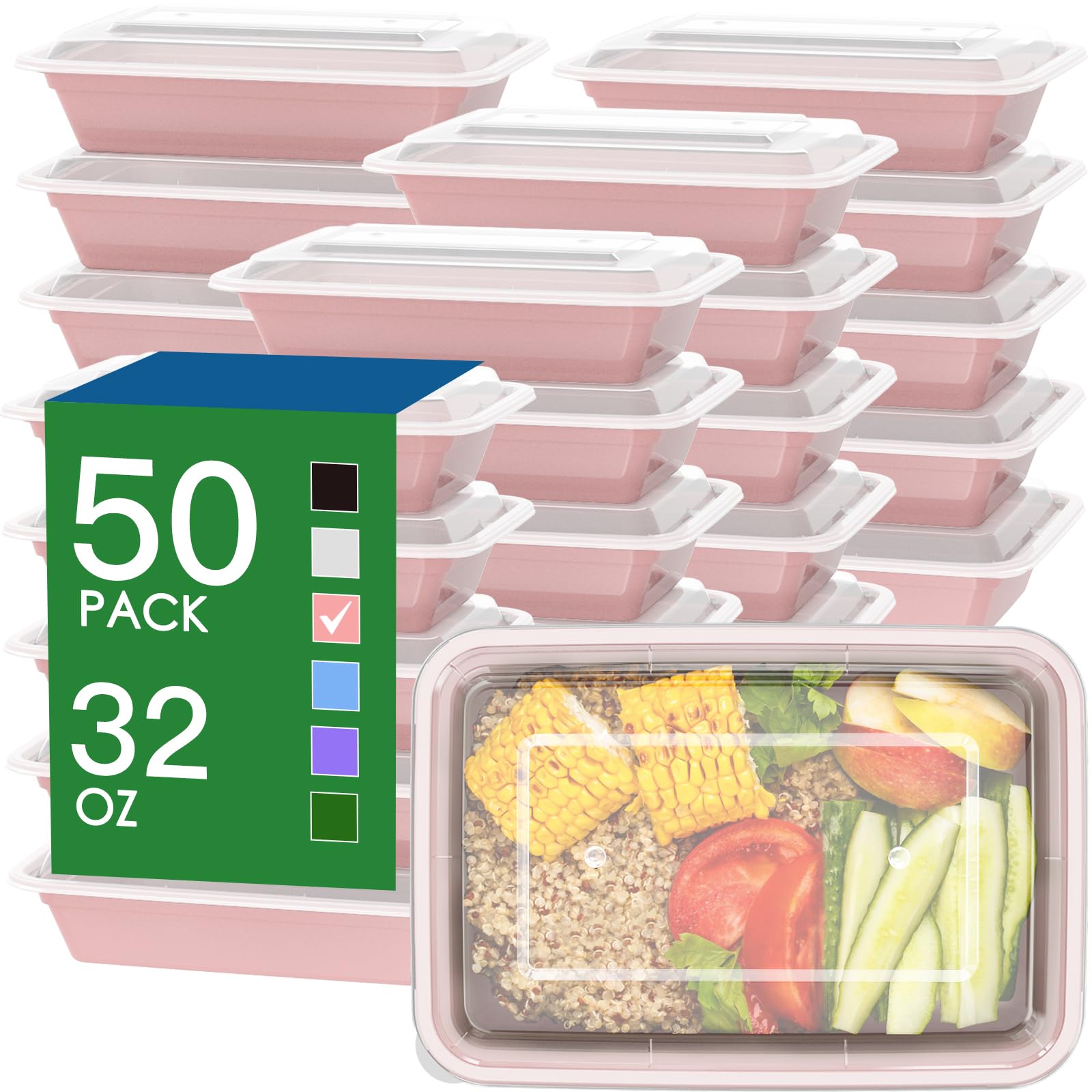 Photo 1 of **MULTICOLORED *** 50 Pack (100-Piece) 32 oz Meal Prep Containers Reusable with Easy Open Lids, Sturdy Leakproof Food Safe, Microwave Freezer Dishwasher Safe, To Go Take Out Plastic Food Storage Pans with Lids, Pink