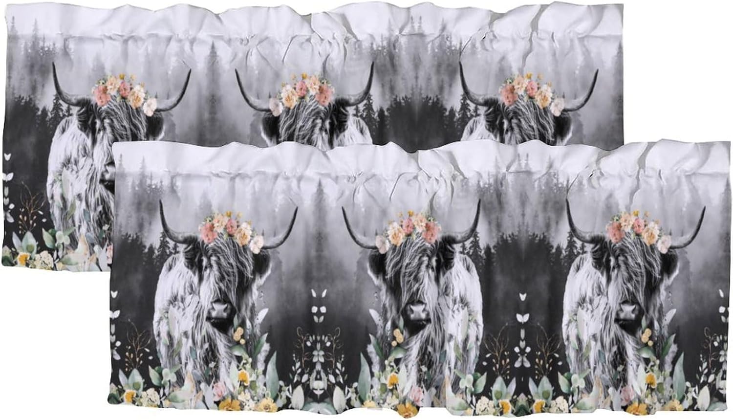 Brebasf Rustic Highland Cow Valance for Window Curtains,Vintage Farmhouse Misty Forest Sunflower Eucalyptus Rod Pocket Curtains Valance Window Treatment 54x18inch,2Pcs