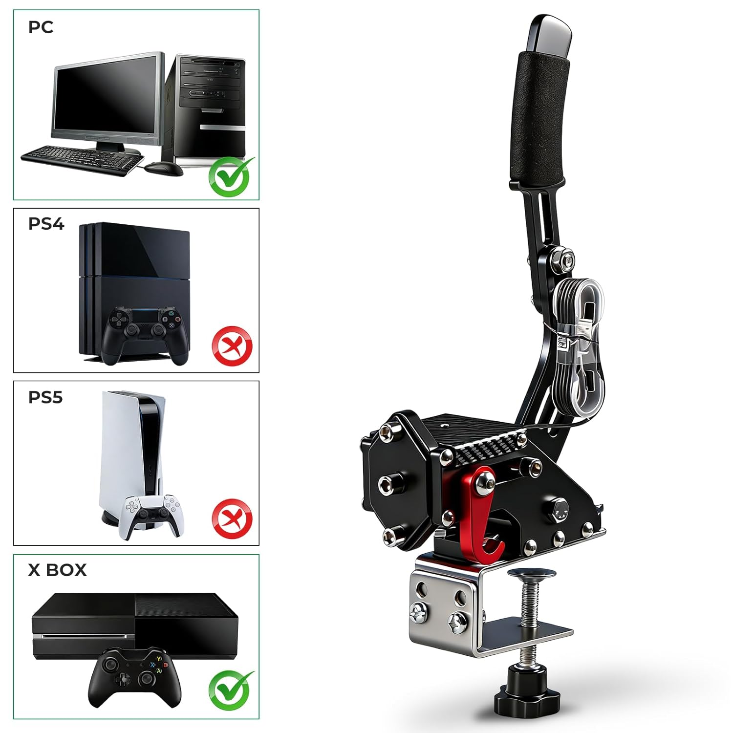 BGQG 64Bit USB Handbrake with Hall Effect Sensor Compatible With G920, Compatible with Xbox Series X/S & PC - 2-in-1 Sim Racing Handbrake with Clamp Mount