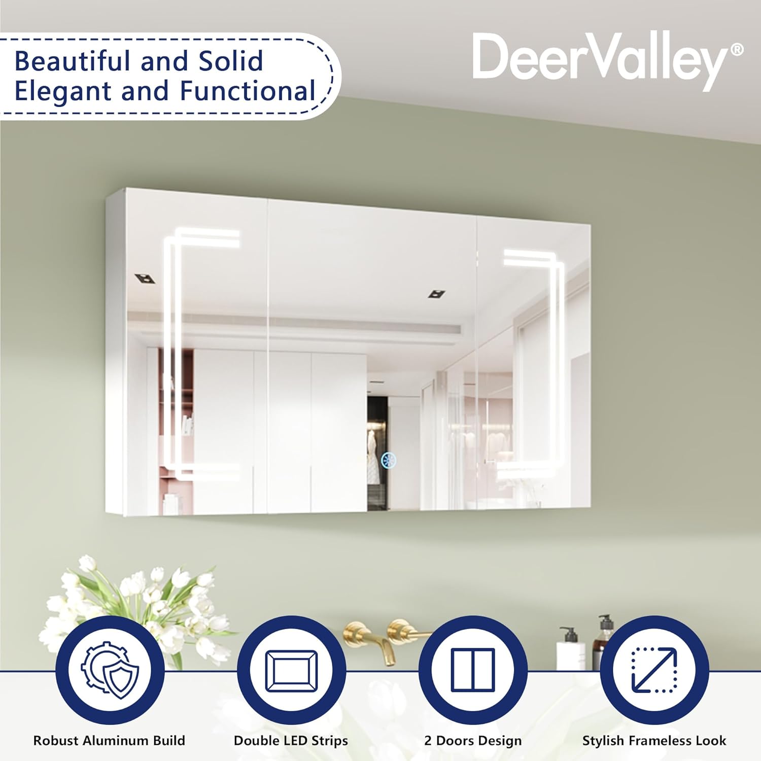 DeerValley DV-1VM0238 Medicine Cabinets for Bathroom with Mirror, 39.97"x 23.62" Wall Mounted LED Medicine Cabinet Organizer with Defogger, Dimmer, Bluetooth Speaker, Three Doors
