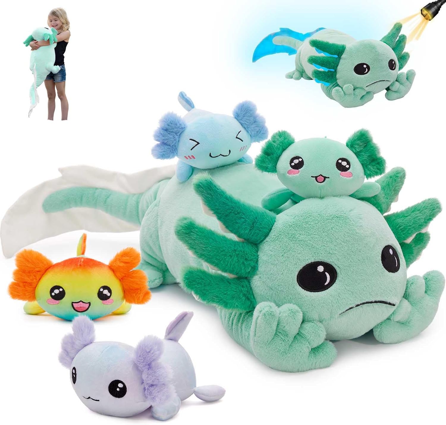 MaoGoLan Giant Axolotl Plush Stuffed Animal with 4 Babies Inside, 31.5" Glow in The Dark Axolotl Pillow for Girl Boy Kid, Soft Long Salamander Plushies Toy for Birthday Party Gifts, Green